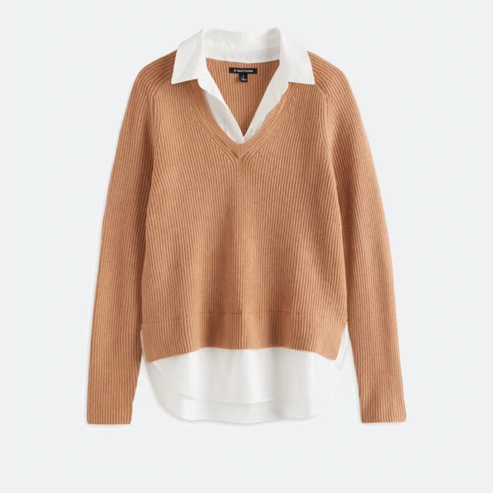 Tan V-Neck Knit Sweater Relaxed Fit - Picture 4 of 6